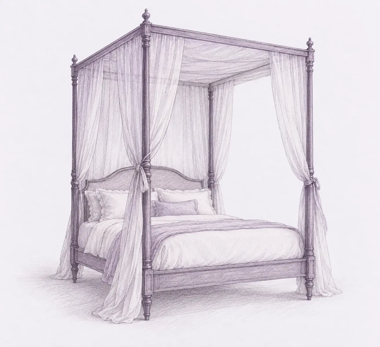 Pencil sketch still life of a four-poster canopy bed with draped sheer curtains and a padded headboard