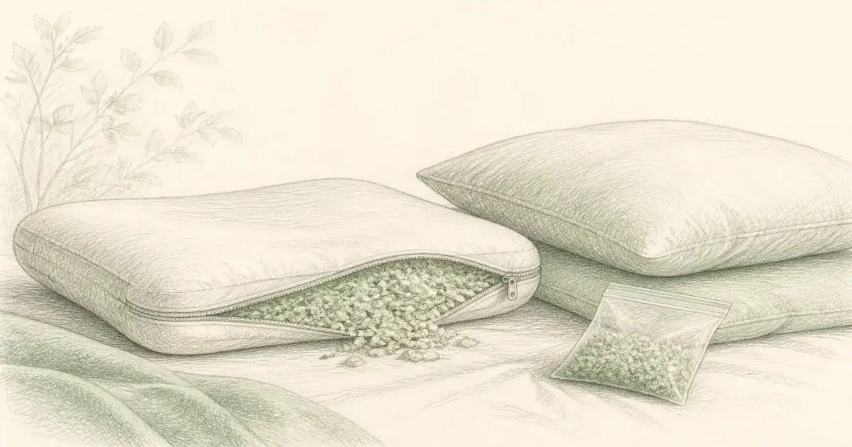 Hand-drawn pencil sketch of an unzipped adjustable pillow with a bag of spare fill beside a standard pillow on a calm bed
