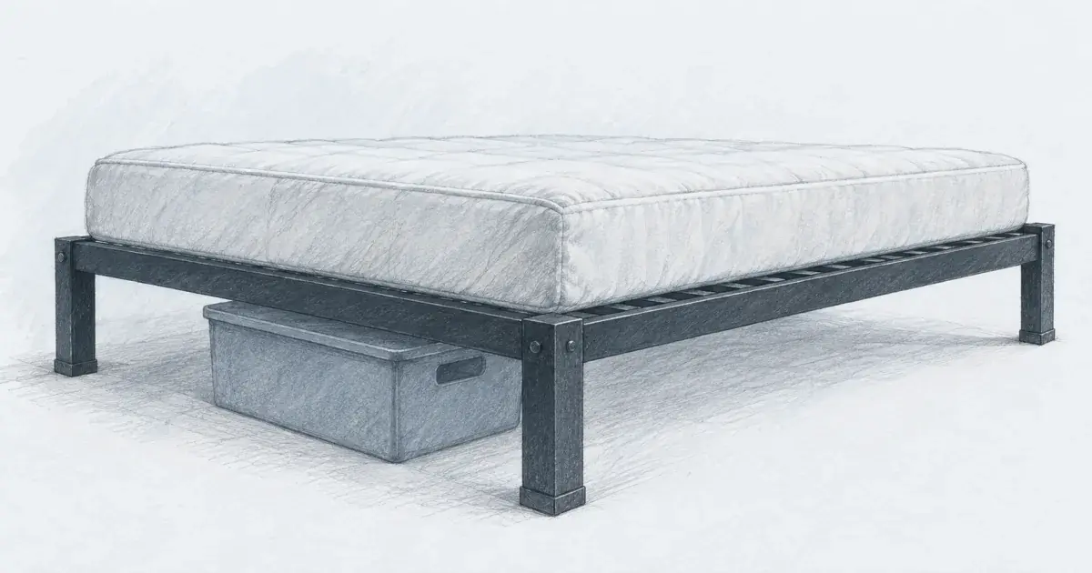 Pencil sketch still life of a heavy-duty steel platform bed frame with a slatted base, a mattress above it, and storage bins underneath