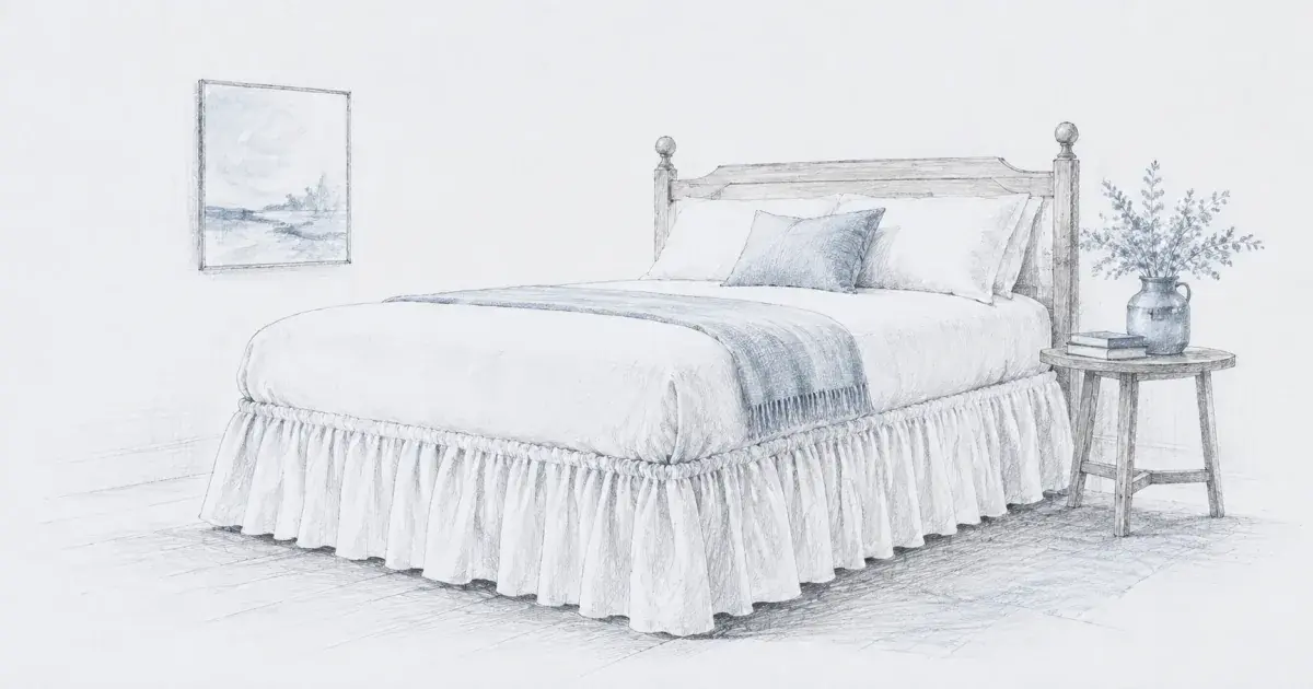Soft pencil sketch of a wrap-around bed skirt draped over a wooden bed frame
