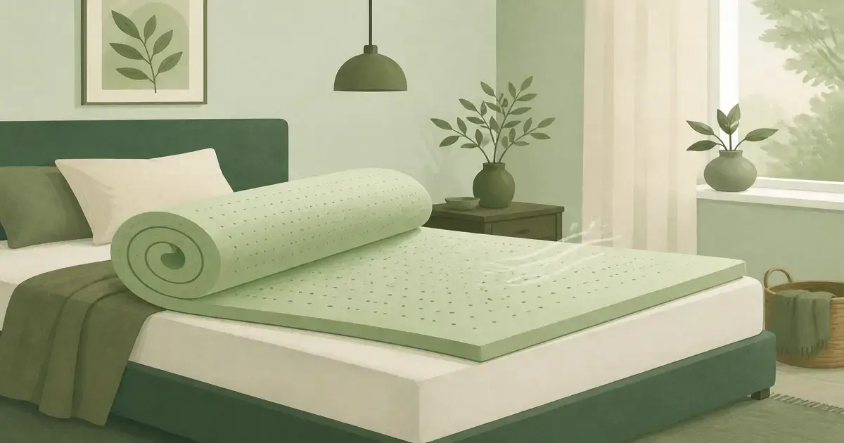Soft flat illustration of a ventilated gel foam mattress topper on a cool mist bed