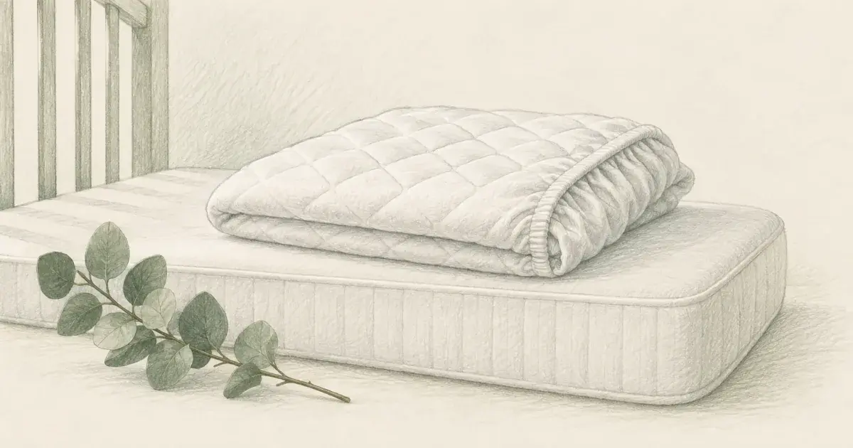 Pencil sketch still life of a fitted crib mattress protector pad folded beside a crib mattress