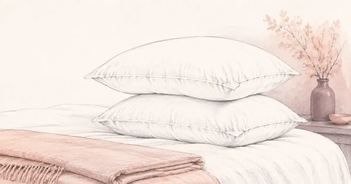 Soft pencil sketch of a fluffy white down alternative pillow on a quiet bed