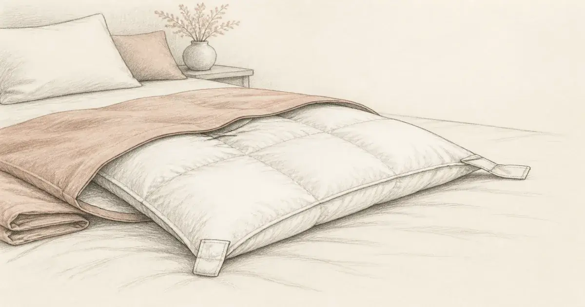 Pencil sketch of a white duvet insert with corner tabs beside a folded duvet cover on calm bedding