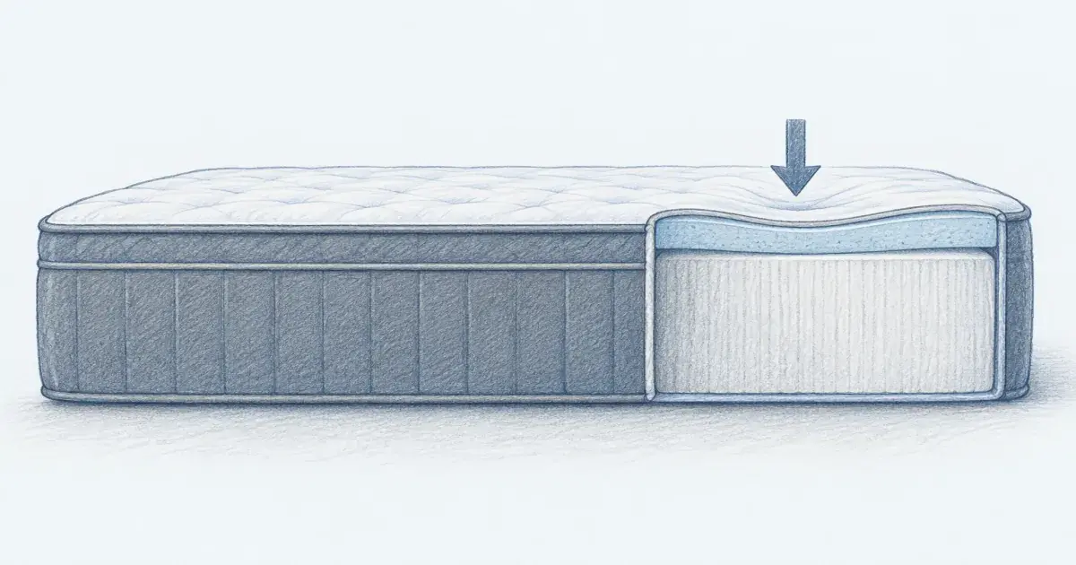 Pencil sketch still life of a thick extra-firm mattress with a cutaway showing a dense support core