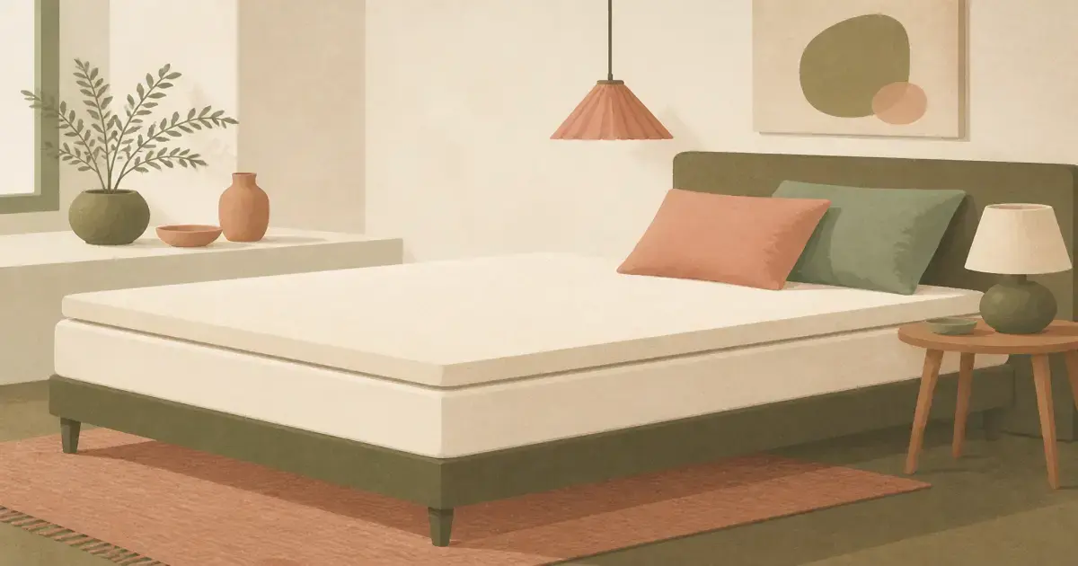 Soft flat illustration of a supportive foam mattress topper on a calm bed