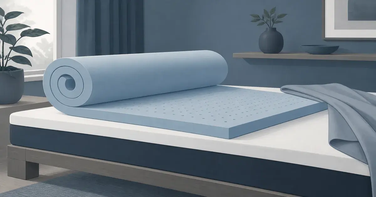 Soft flat illustration of a gel foam mattress topper unfurled on a quiet bed