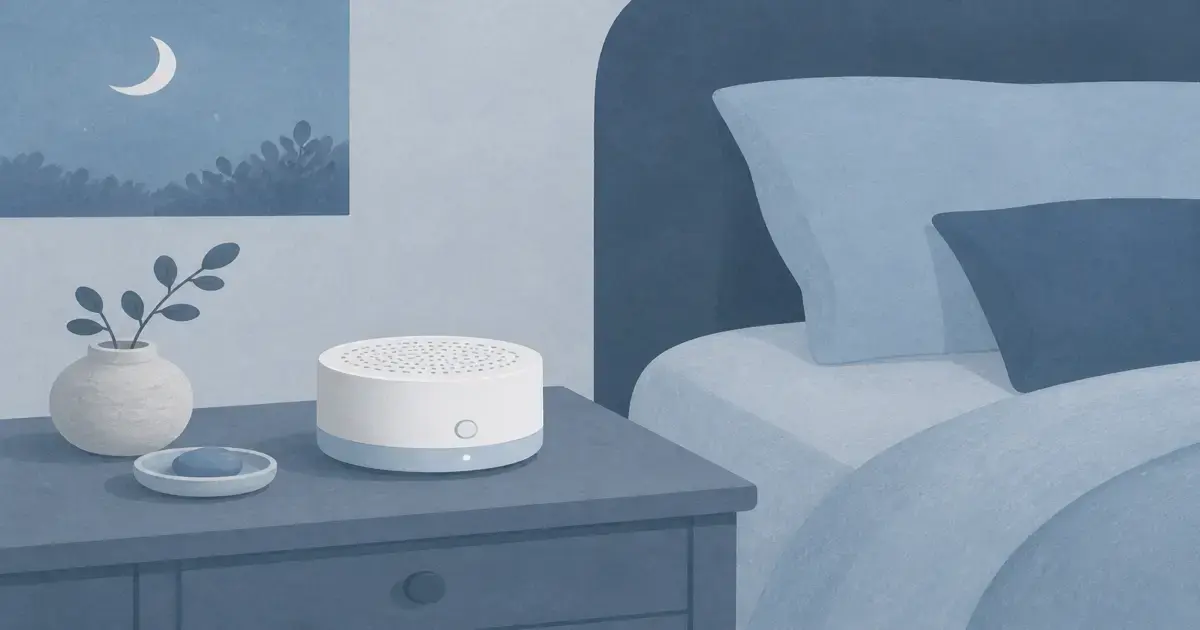 Soft flat illustration of a compact white noise machine on a quiet nightstand