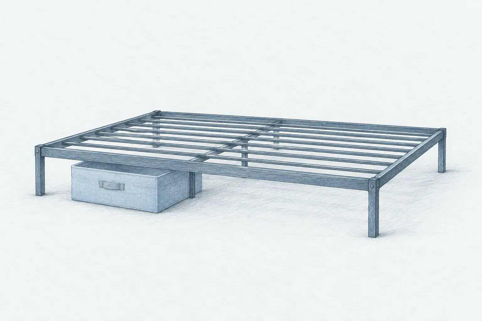 Pencil sketch still life of a full size steel platform bed frame with slatted base and storage bin underneath