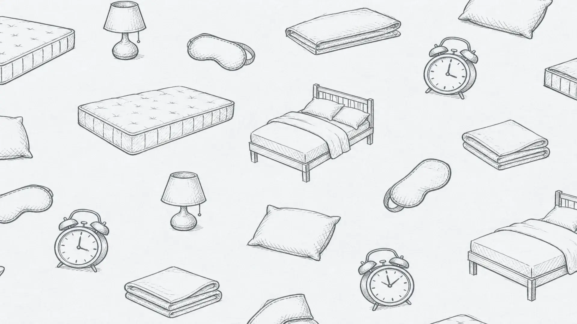Monochrome pencil sketch pattern of sleep and bedding gear on soft mist paper