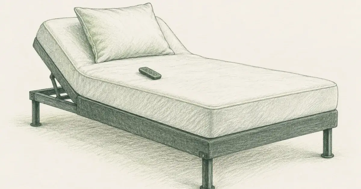 Pencil sketch of an adjustable bed base with the head section raised, a remote, and a reading pillow