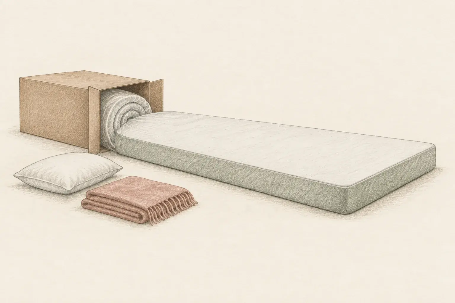 Pencil sketch still life of a low-profile memory foam mattress unrolled from its box beside a folded blanket and a pillow