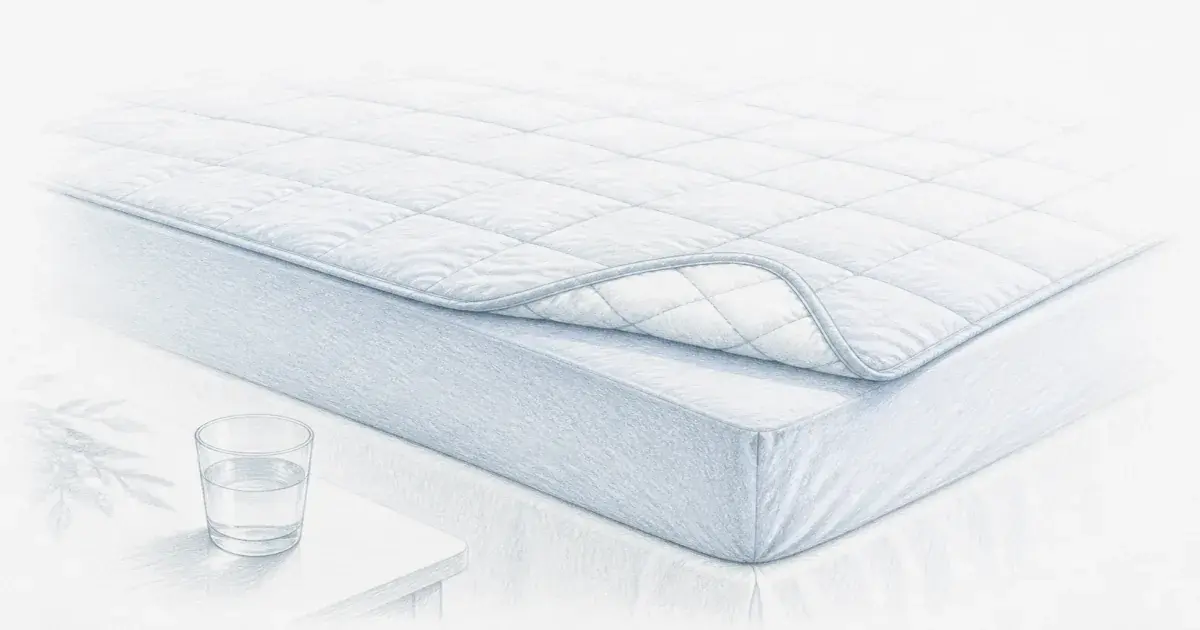 Pencil sketch of a quilted cooling mattress pad on a made bed with cool mist tones