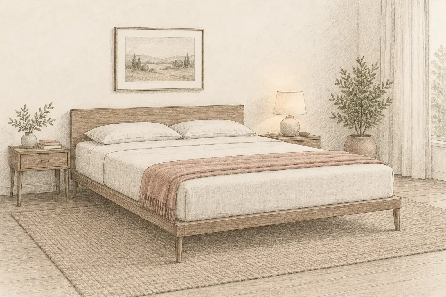 Pencil sketch of a firm queen mattress on a low platform bed with a thin flat pillow