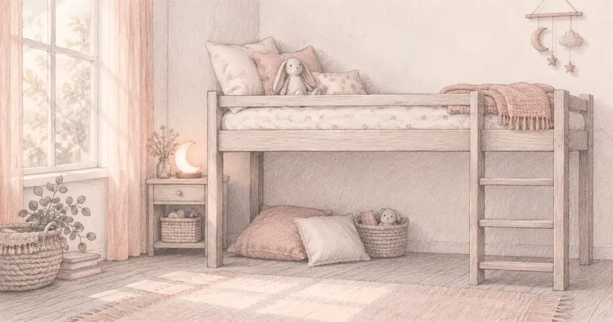 Pencil sketch of a twin mattress on a low kids loft bed with a folded blanket and stuffed bunny