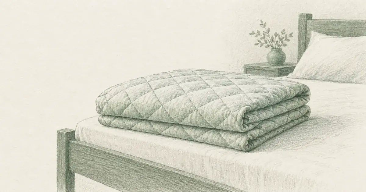Pencil sketch of a quilted mattress pad folded beside a quiet bed