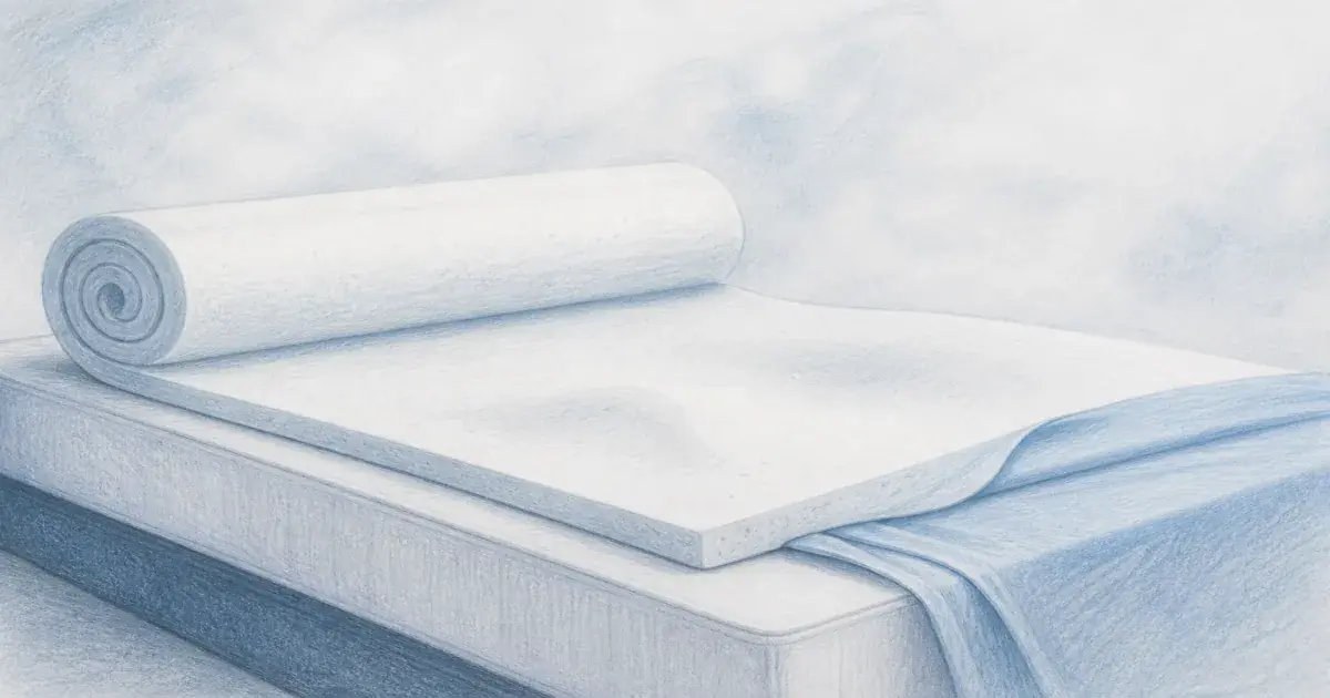 Hand-drawn pencil sketch of a supportive foam mattress topper on a calm firm bed