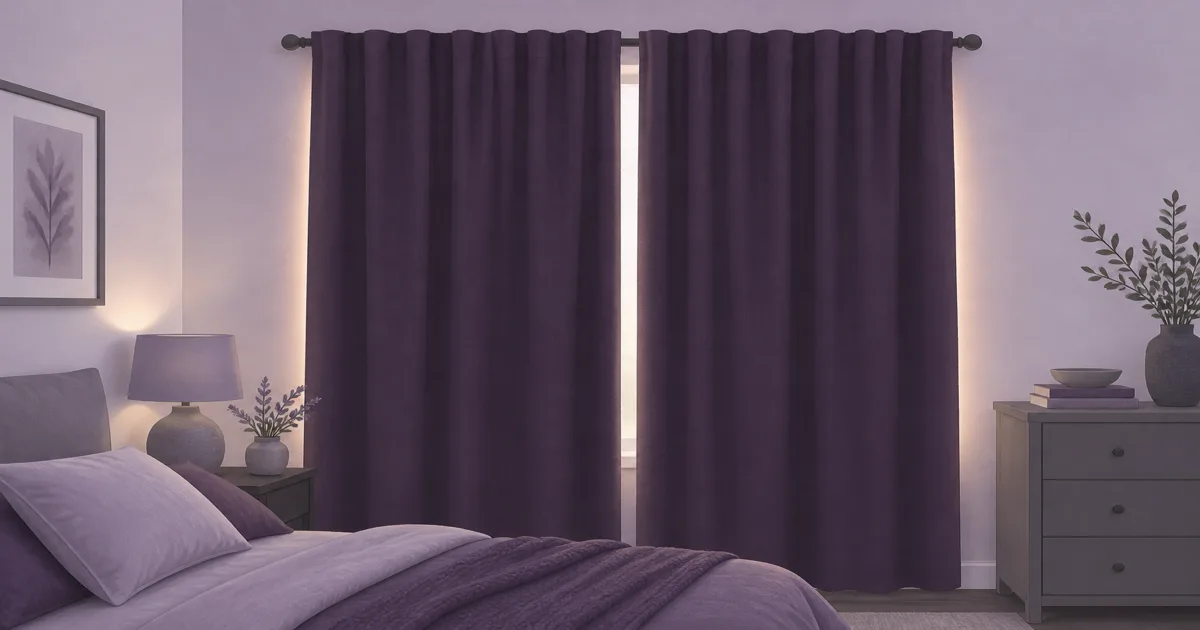 Soft flat illustration of heavy blackout curtain panels closed over a quiet bedroom window