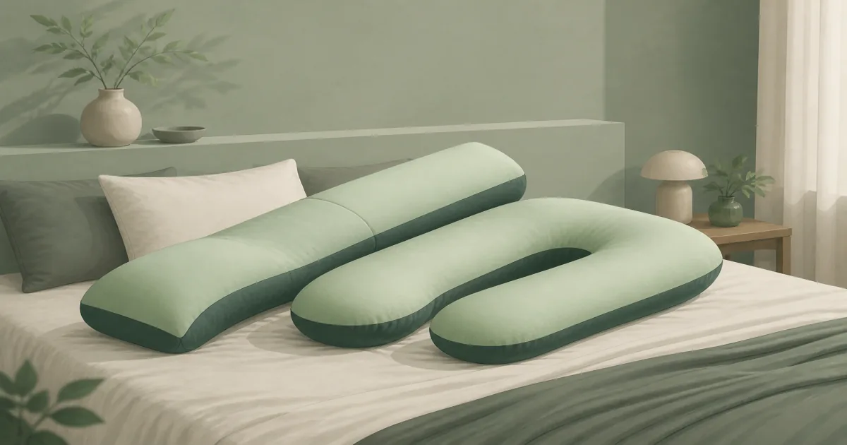 Flat pastel illustration of a long body pillow and a U-shaped body pillow on a quiet bed