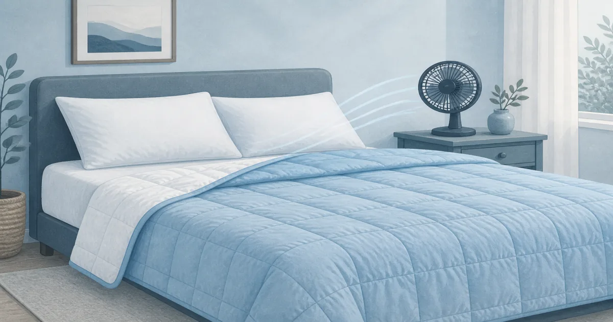 Flat blue illustration of a lightweight cooling comforter on a neatly made bed beside a small fan