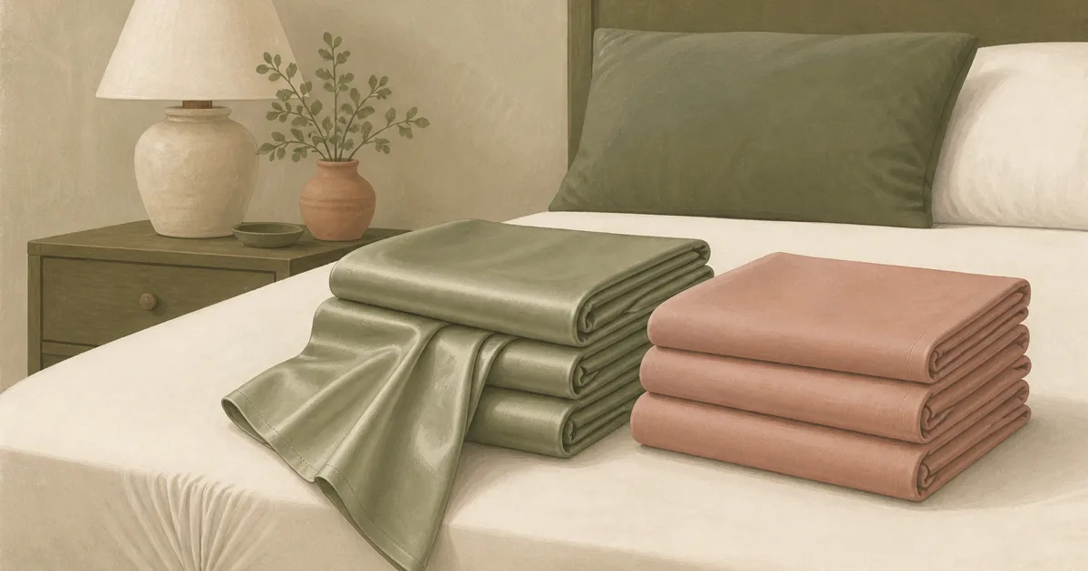 Flat warm-linen illustration of folded cotton sateen and percale sheet stacks on a quiet bed