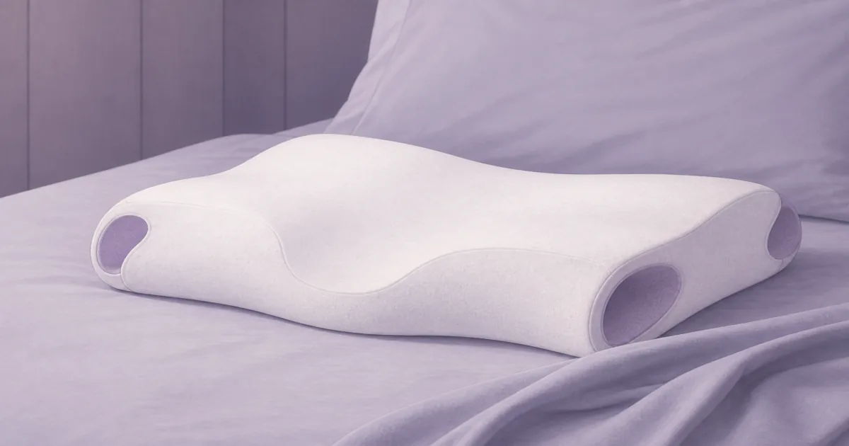 Soft flat illustration of a contoured CPAP pillow with side mask cutouts on calm cool bedding