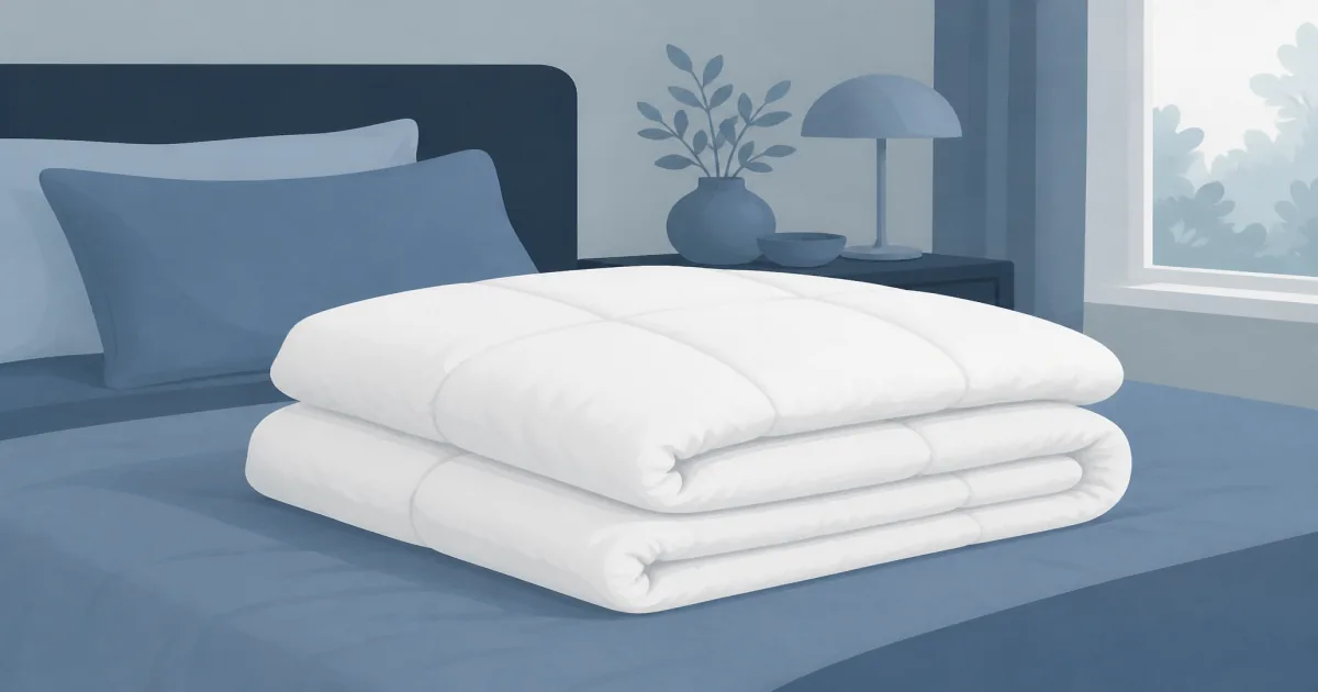 Soft flat illustration of a fluffy white down-alternative comforter folded on a quiet bed