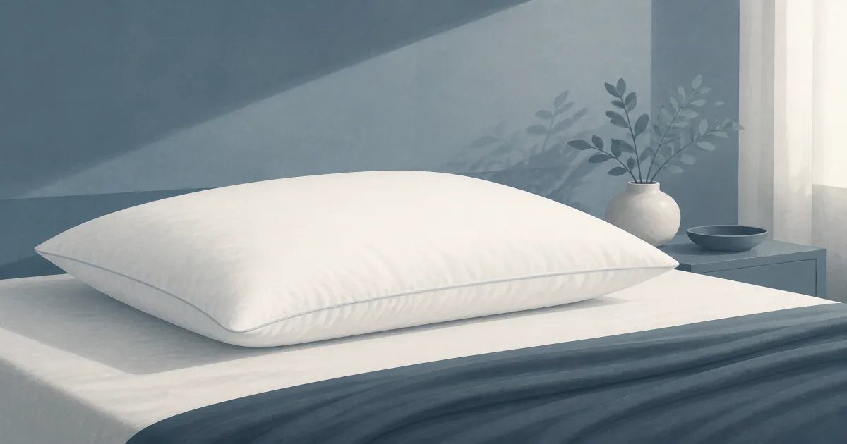 Soft flat illustration of a fluffy white down pillow on a quiet made bed