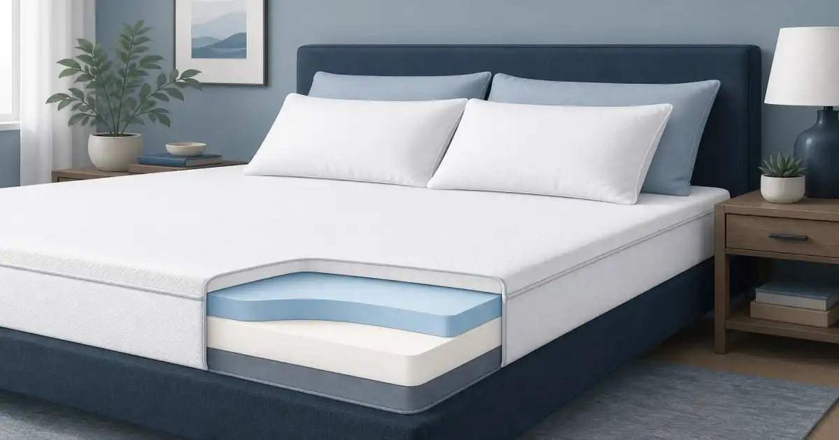 Flat illustration of a firm mattress topper with supportive layers on a made bed