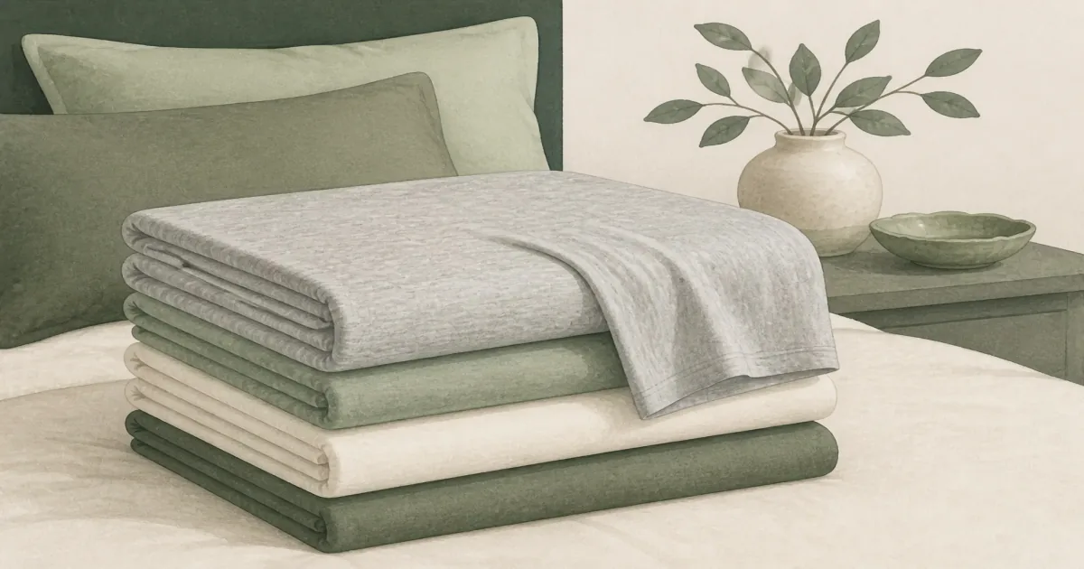 Soft flat illustration of folded cotton jersey knit sheets in soft heather tones