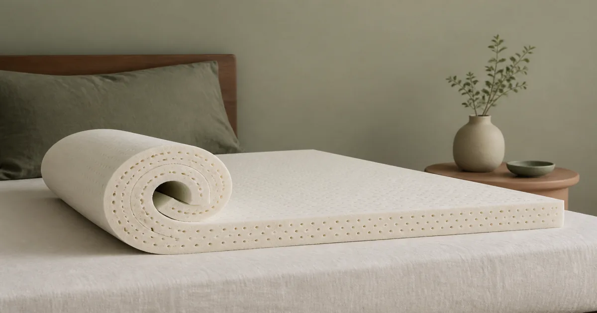 Soft flat illustration of a natural latex mattress topper unrolled on a quiet firm bed