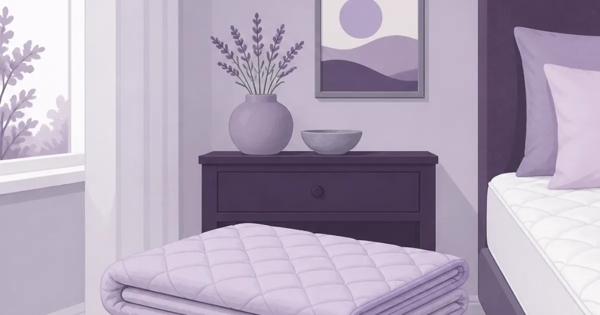 Flat illustration of three quilted mattress pads folded beside a neatly made bed