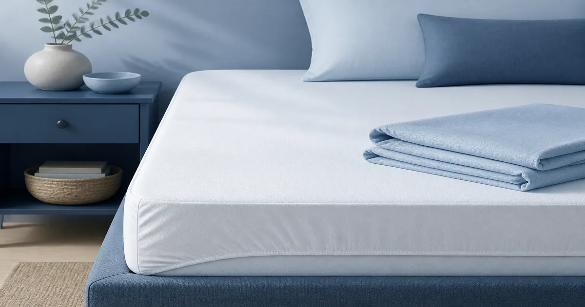 Soft flat illustration of a fitted waterproof mattress protector on a calm bed corner