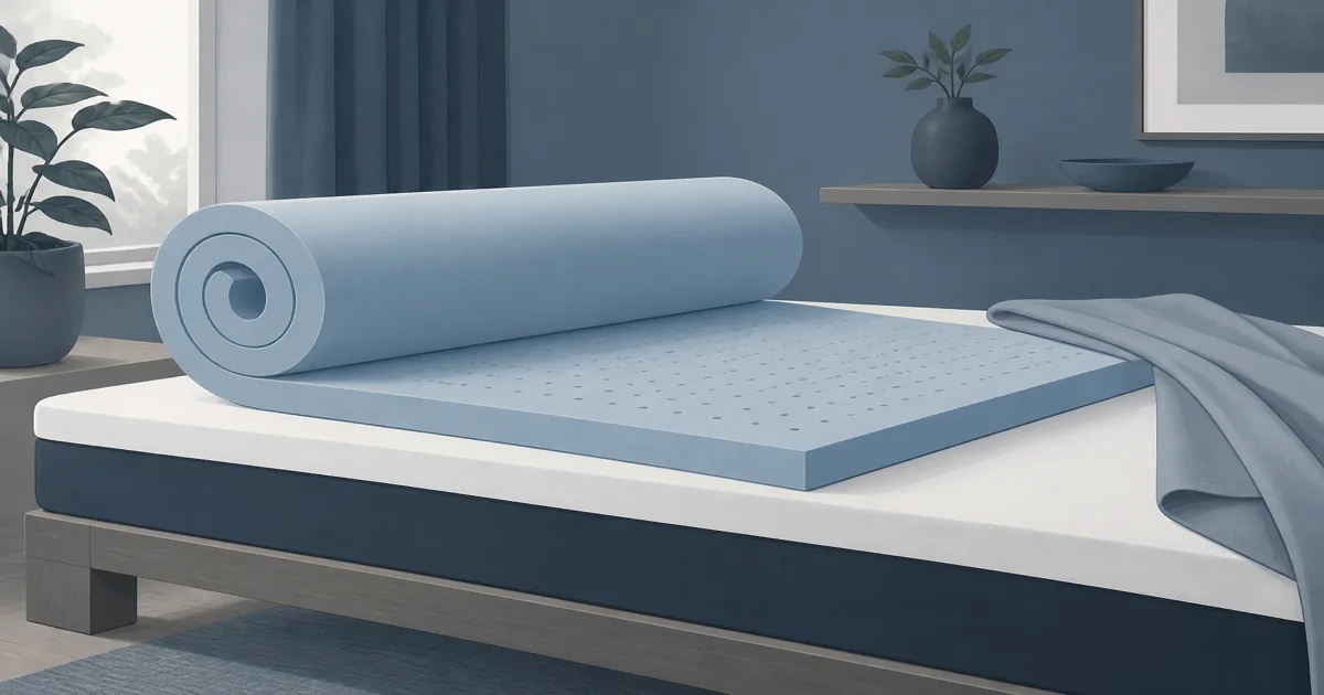 Soft flat illustration of a gel foam mattress topper unfurled on a quiet bed