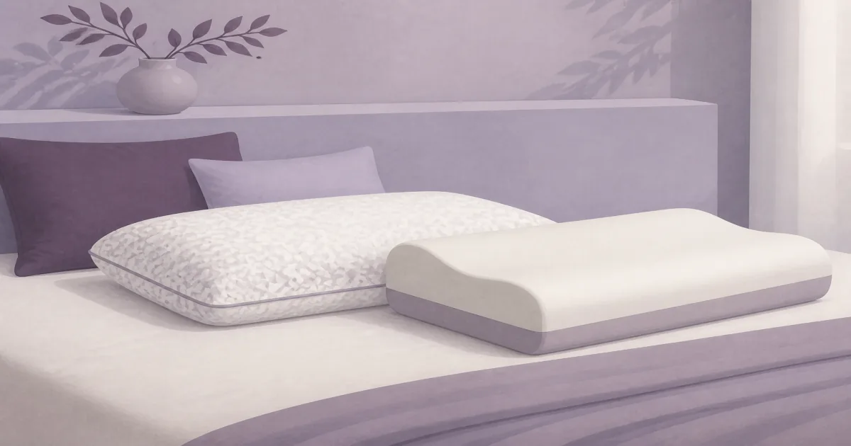 Soft flat illustration of a shredded memory foam pillow and a contour foam pillow on a quiet bed