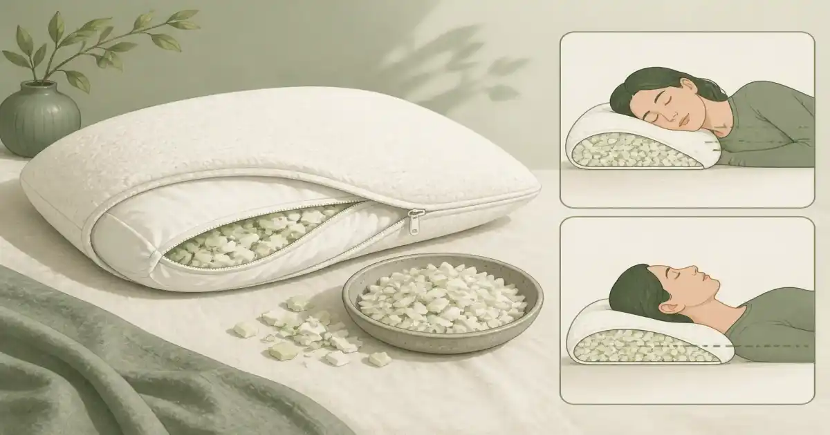 Flat illustration of an adjustable shredded-foam pillow for side and back sleeping