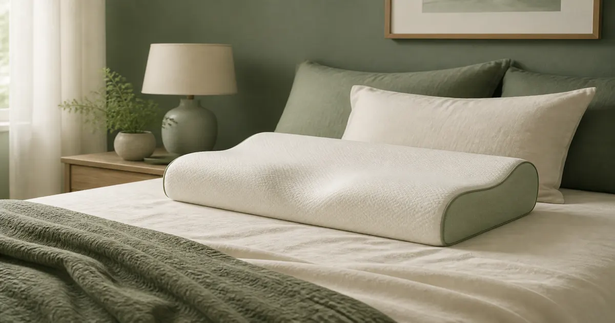 Soft flat illustration of a contoured cervical pillow on sage bedding