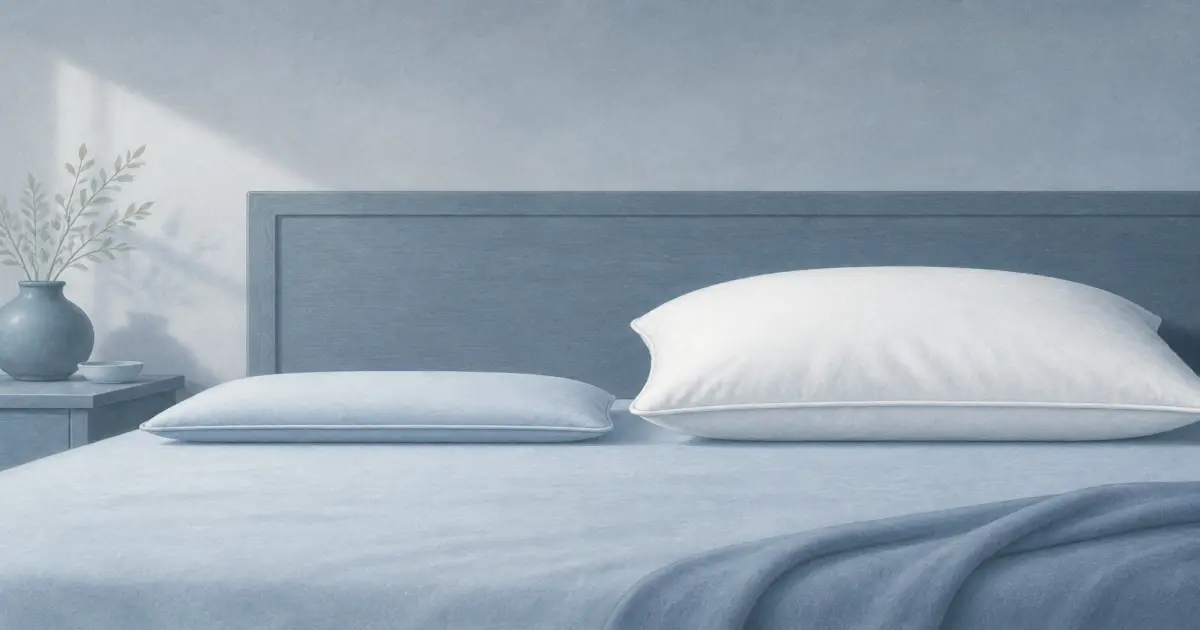 Soft flat illustration of a thin low-loft stomach sleeper pillow on a quiet bed
