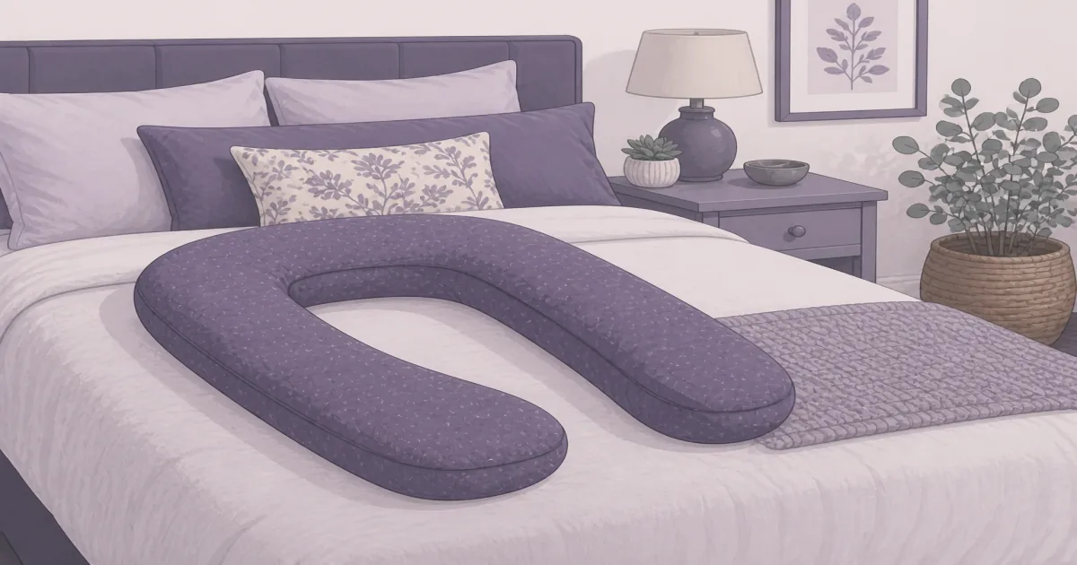 U-shaped pregnancy pillow supporting a side sleeper on a quiet bed
