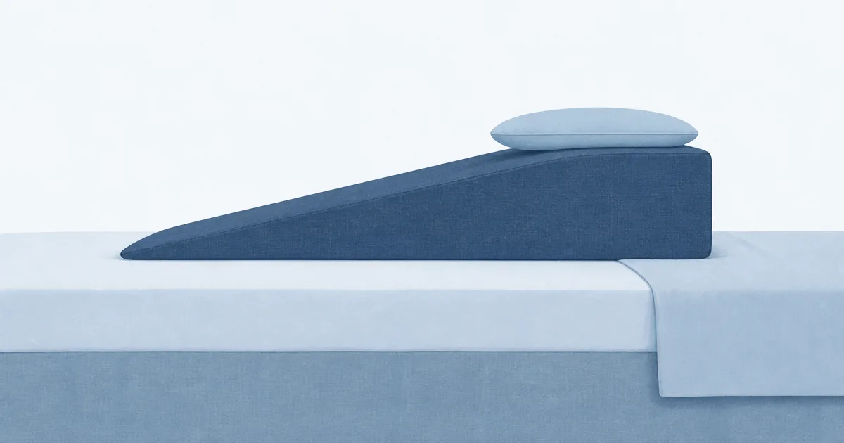 Soft flat illustration of a triangular bed wedge pillow on calm cool-mist bedding