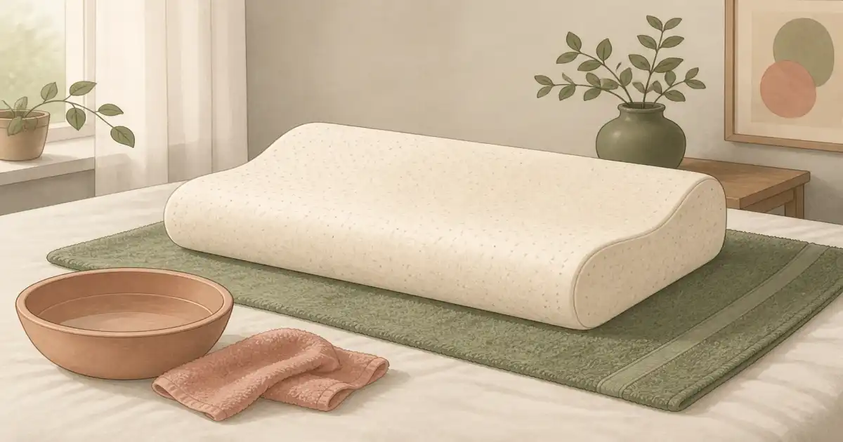 Flat illustration of a memory foam pillow drying on a towel