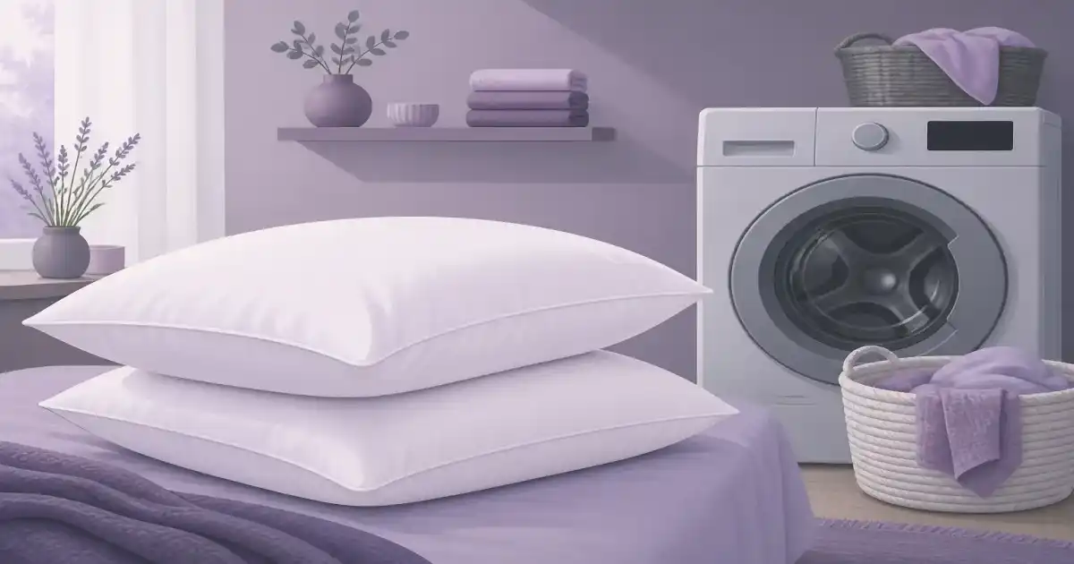 Flat illustration of clean bed pillows beside a front-loading washing machine
