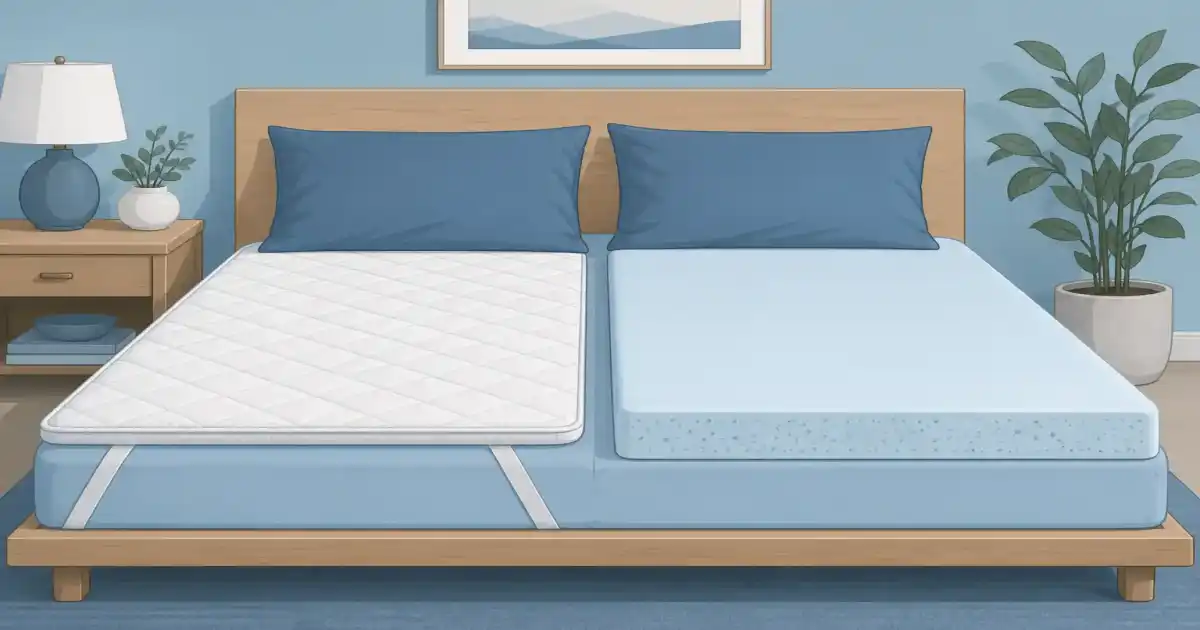 Flat illustration comparing a thin quilted mattress pad with a thick foam mattress topper