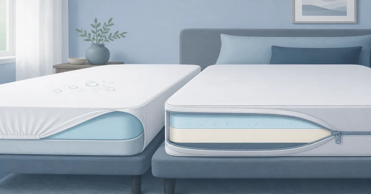 Side-by-side fitted mattress protector and zippered mattress encasement on beds